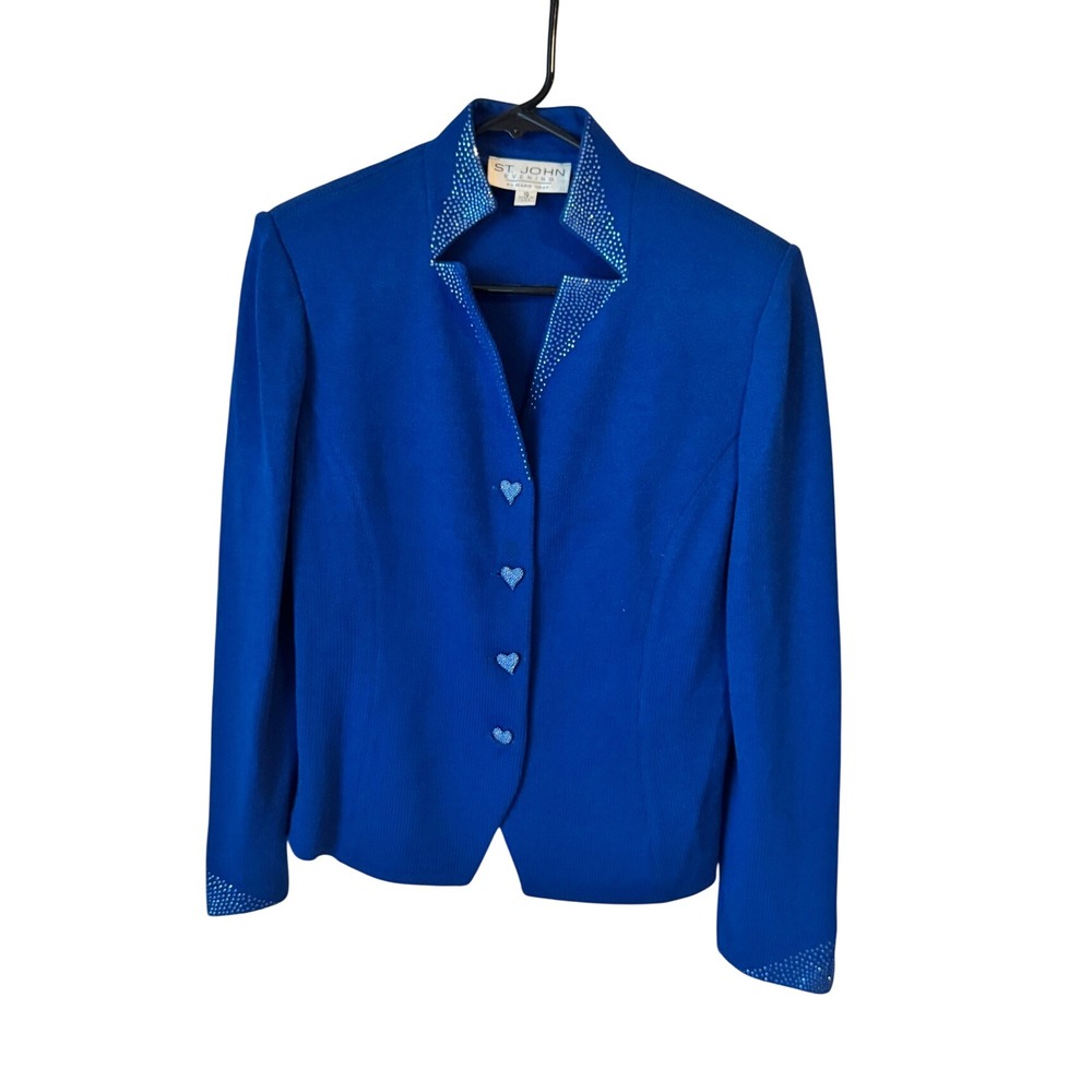 St John Evening Marie Gray Royal Blue Knit Rhinestone Heart Button Blazer 10